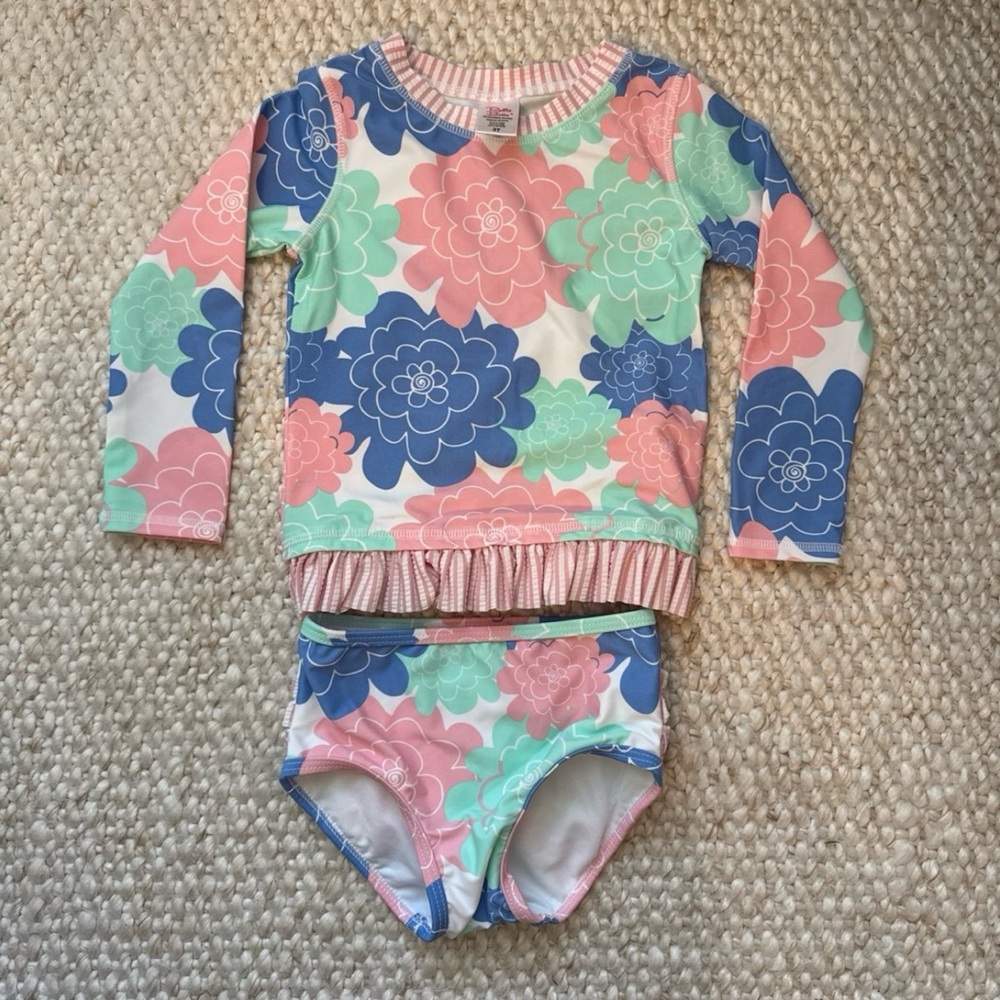 Ruffle Butts Floral Kids Swim Rashguard Set - Pink, Blue, Green
